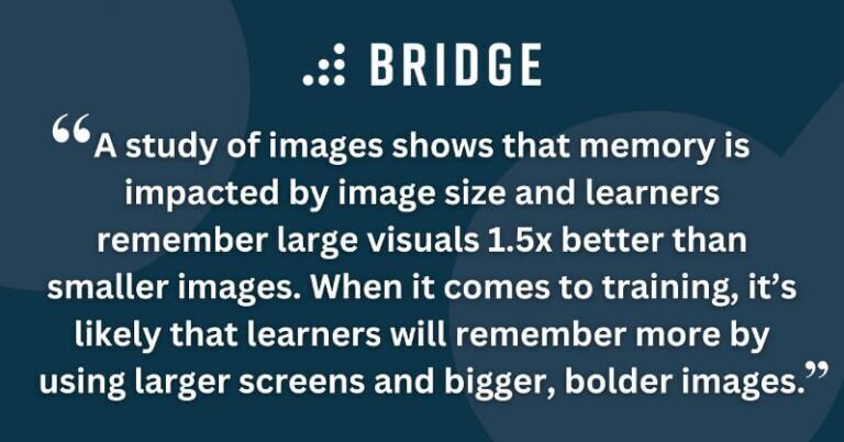 A study of images shows that memory is impacted by image size and learners remember large cisuals 1.5x better than smaller images.