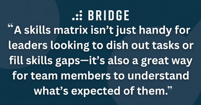 A skills matrix isn’t just handy for leaders looking to dish out tasks or fill skills gaps—it’s also a great way for team members to understand what’s expected of them.