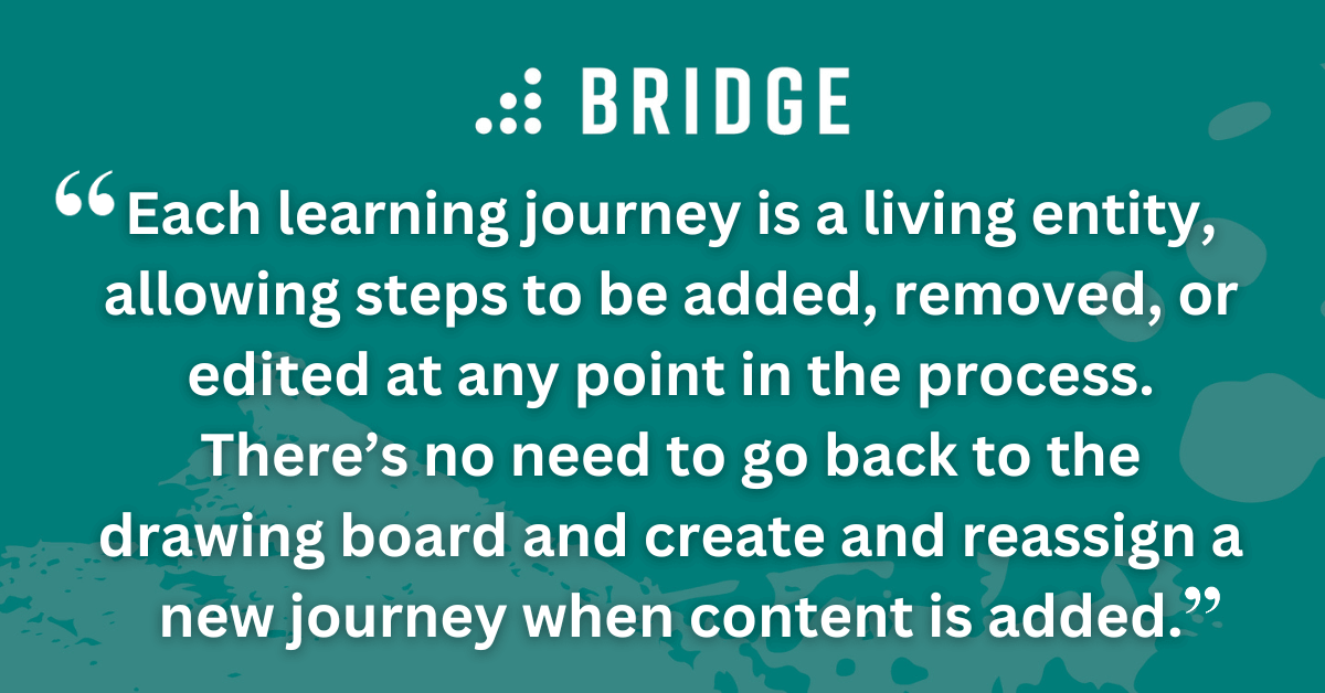 Each learning journey is a living entity, allowing steps to be added, removed, or edited at any point in the process. There’s no need to go back to the drawing board and create and reassign a new journey when content is added.
