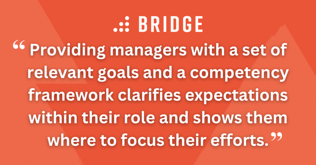 Providing managers with a set of relevant goals and a competency framework clarifies expectations within their role and shows them where to focus their efforts.