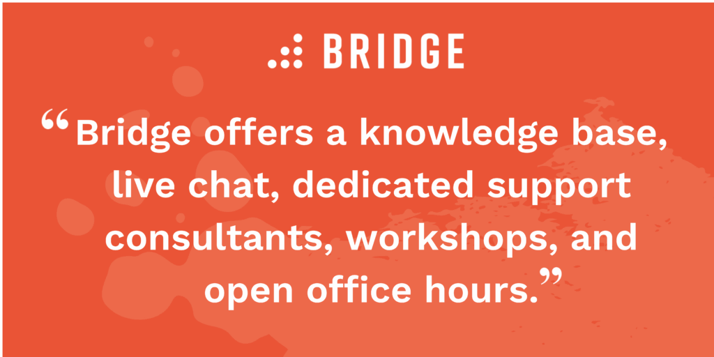 Bridge offers a knowledge base, live chat, dedicated support consultants, workshops, and open office hours.