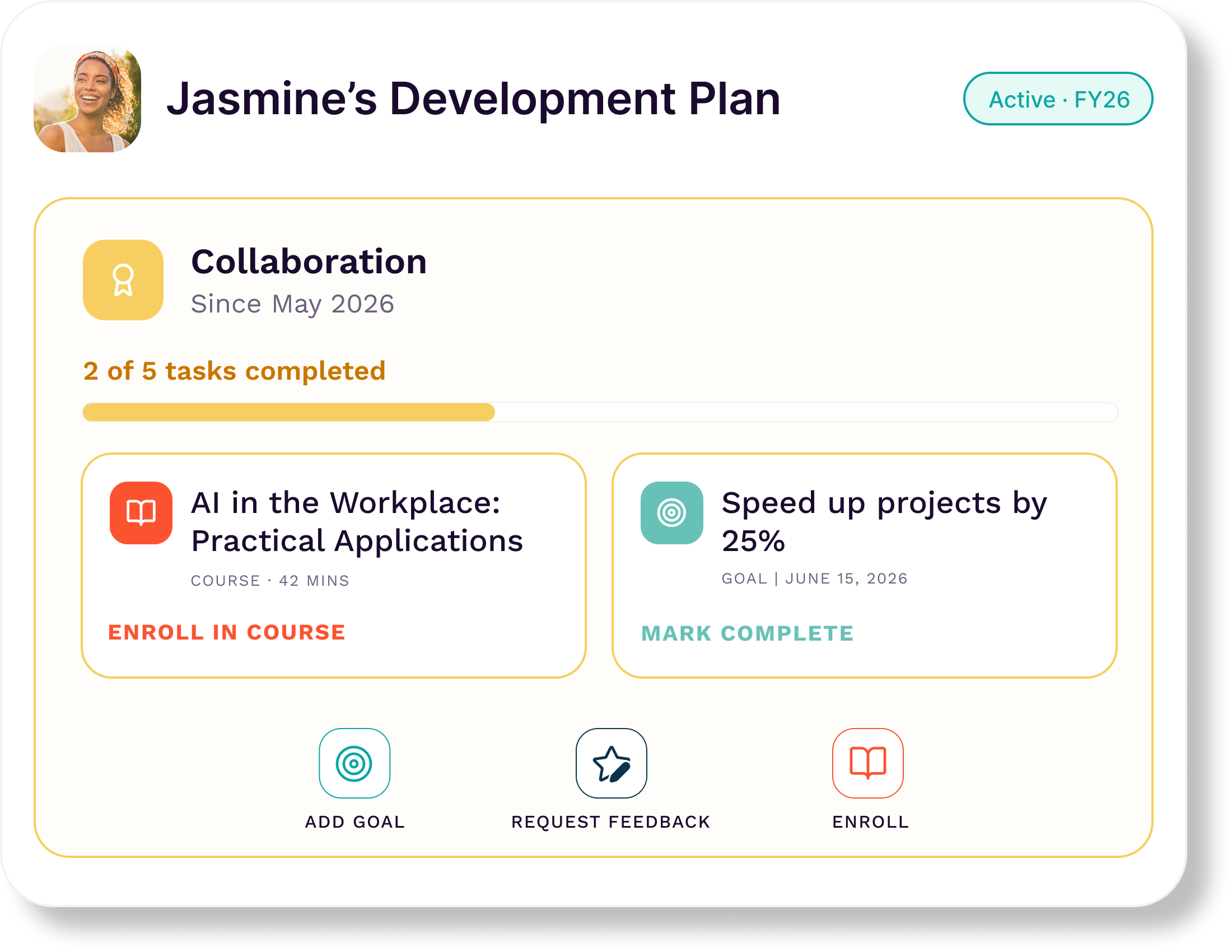 Bridge development plan: goals, recommended courses, and progress for an individual employee.