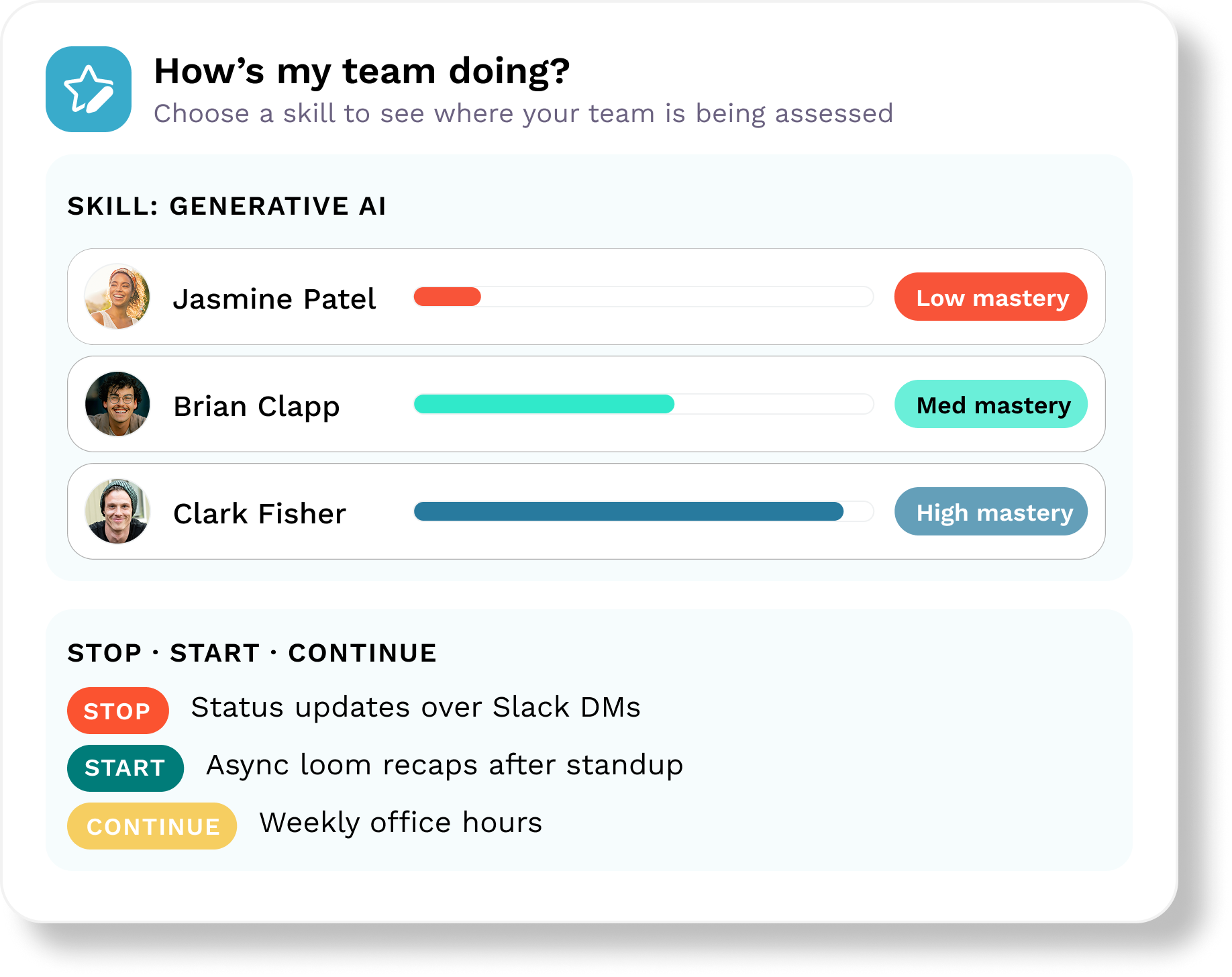 Bridge Start/Stop/Continue: shared feedback a manager and employee return to over time.