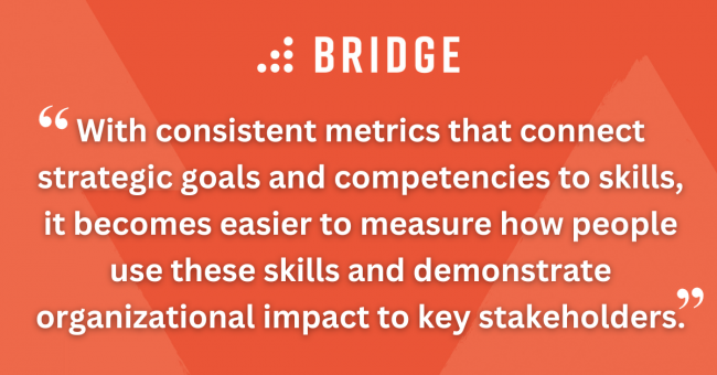With consistent metrics that connect strategic goals and competencies to skills, it becomes easier to measure how people use these skills and demonstrate organizational impact to key stakeholders.