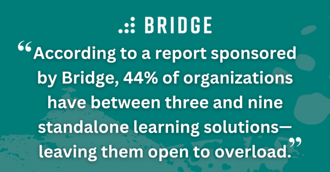 According to a report sponsored by Bridge, 44% of organizations have between three and nine standalone learning solutions—leaving them open to overload.