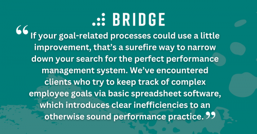 If your goal-related processes could use a little improvement, that’s a surefire way to narrow down your search for the perfect performance management system. We’ve encountered clients who try to keep track of complex employee goals via basic spreadsheet software, which introduces clear inefficiencies to an otherwise sound performance practice.