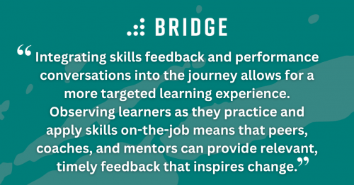 Integrating skills feedback and performance conversations into the journey allows for a more targeted learning experience. Observing learners as they practice and apply skills on-the-job means that peers, coaches, and mentors can provide relevant, timely feedback that inspires change.