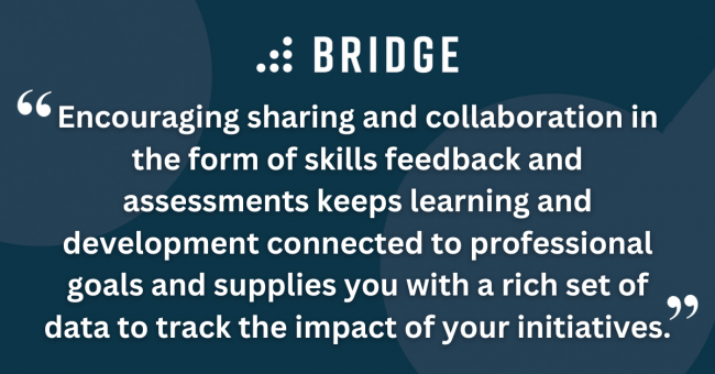 Encouraging sharing and collaboration in the form of skills feedback and assessments keeps learning and development connected to professional goals and supplies you with a rich set of data to track the impact of your initiatives.