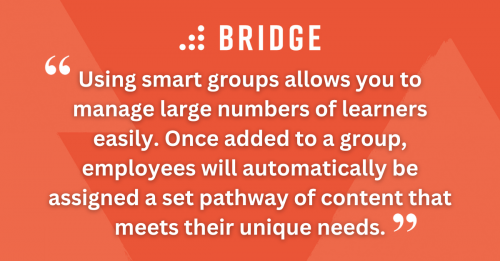 Using smart groups allows you to manage large numbers of learners easily. Once added to a group, employees will automatically be assigned a set pathway of content that meets their unique needs.